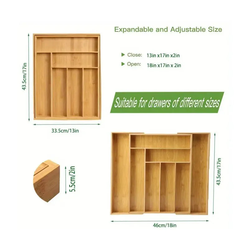 Adjustable Bamboo Drawer Organiser – Expandable 8-Grid Cutlery & Utensil Storage for Kitchen, Office & Home WHIMSICAL HOME OF CREATIONS