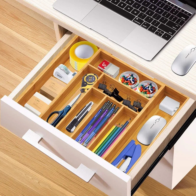 Adjustable Bamboo Drawer Organiser – Expandable 8-Grid Cutlery & Utensil Storage for Kitchen, Office & Home WHIMSICAL HOME OF CREATIONS