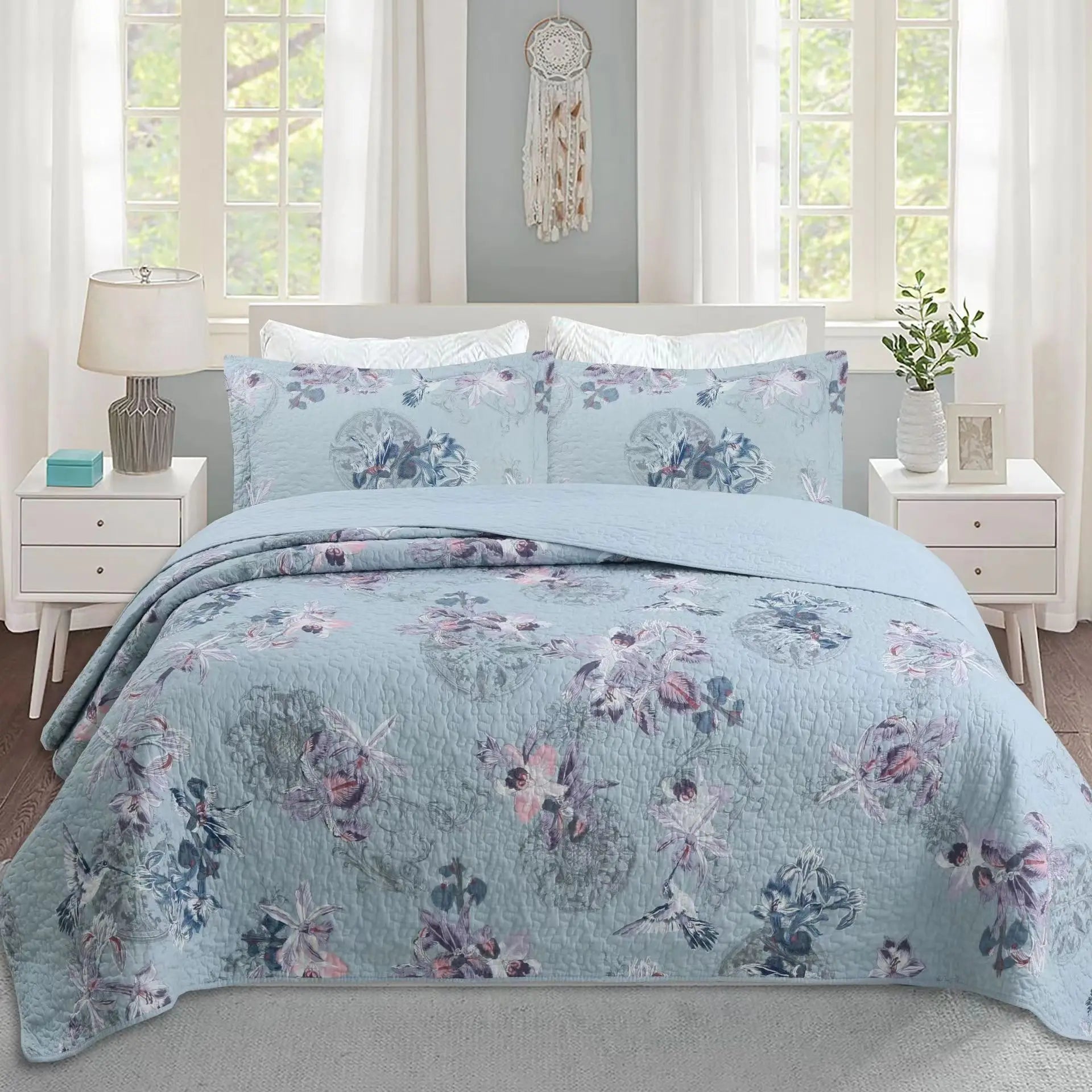 Luxury 500TC Pure Egyptian Cotton Boho Vintage Floral Reversible Bedcover Quilt Set – 3-Piece King & Queen Fit WHIMSICAL HOME OF CREATIONS