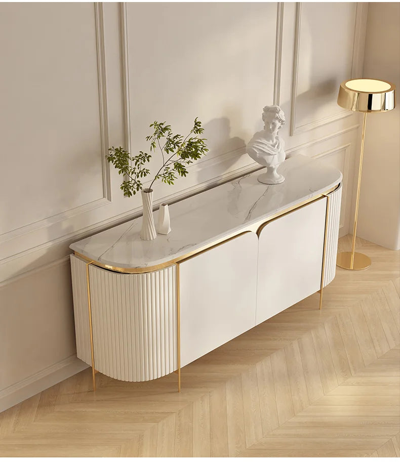 Elegant Marble Sideboard with Gold Trim - Cream Glass Finish WHIMSICAL HOME OF CREATIONS