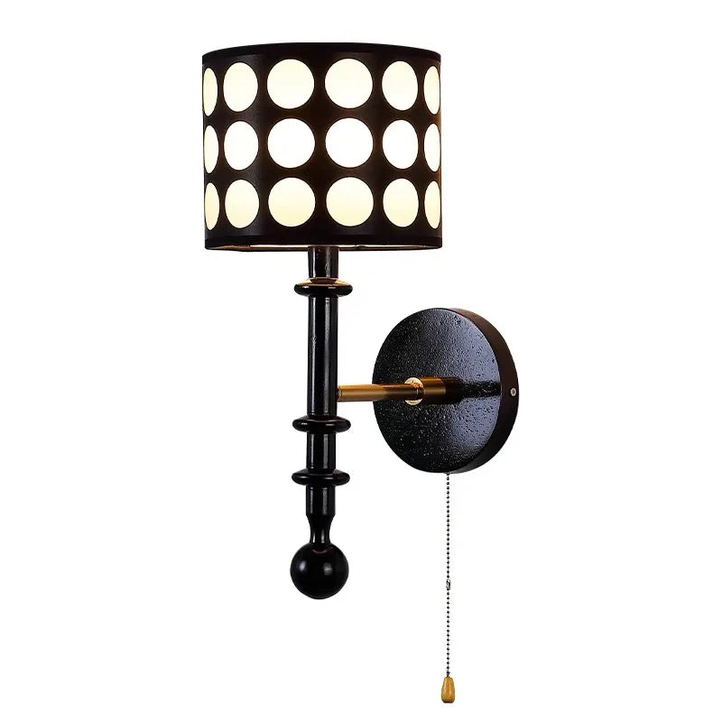 Luxury Mid-Century Art Deco Fabric Wall Sconce – Black & Walnut, LED Lighting WHIMSICAL HOME OF CREATIONS