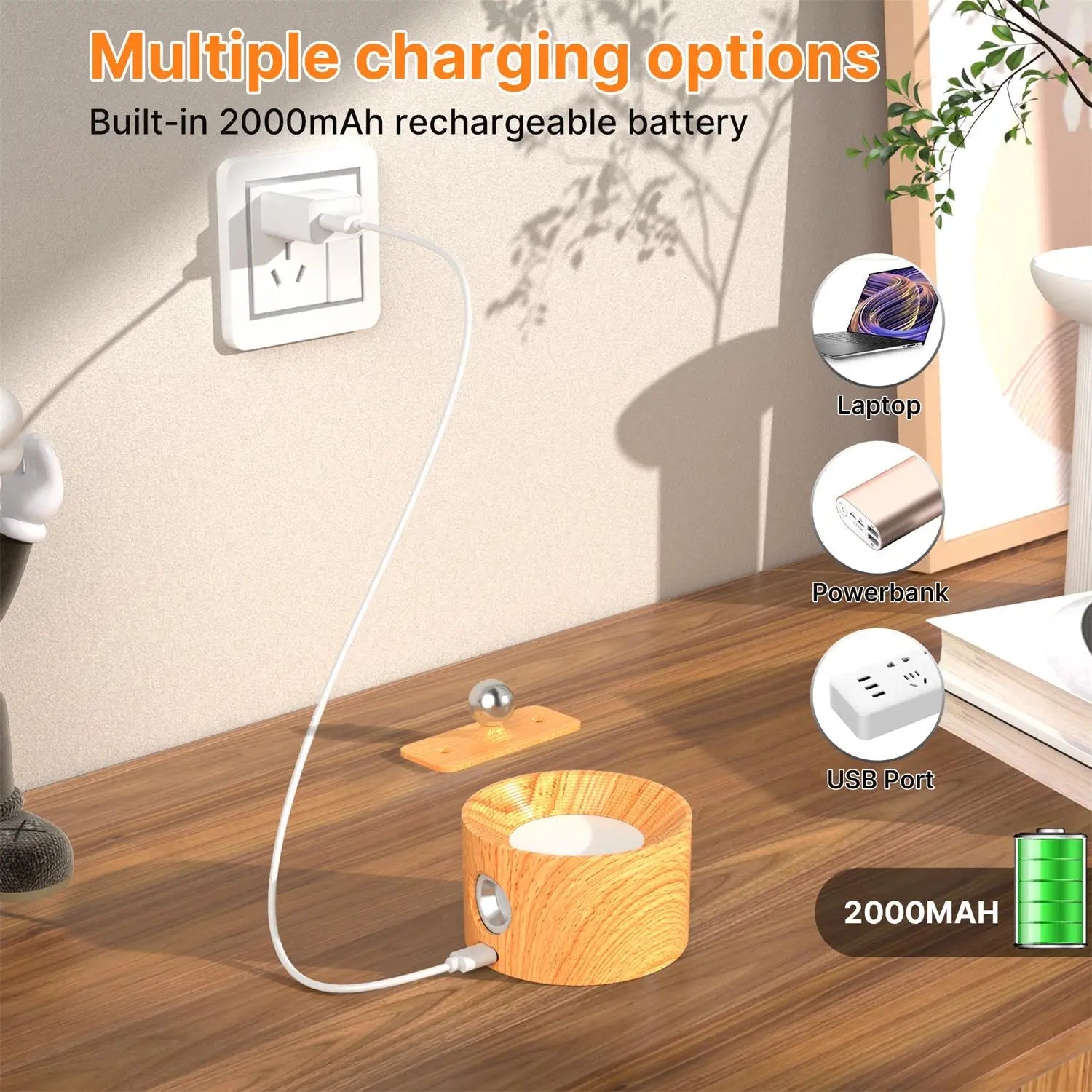 Wooden LED Wall Sconce, 360° Rotatable Dimmable Magnetic Touch Control Rechargeable Battery Operated WHIMSICAL HOME OF CREATIONS