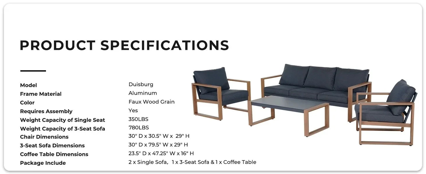 Luxury 4-Piece Aluminium Faux-Wood Outdoor Lounge Set — Modern Californian Minimalist Design WHIMSICAL HOME OF CREATIONS