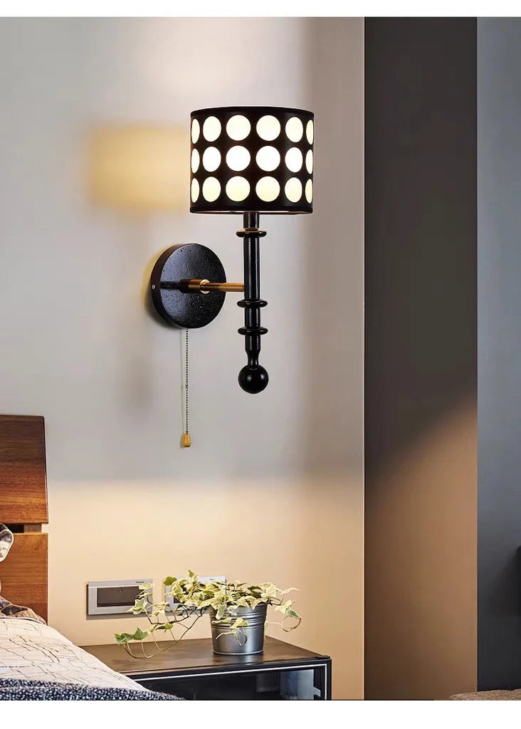 Luxury Mid-Century Art Deco Fabric Wall Sconce – Black & Walnut, LED Lighting WHIMSICAL HOME OF CREATIONS