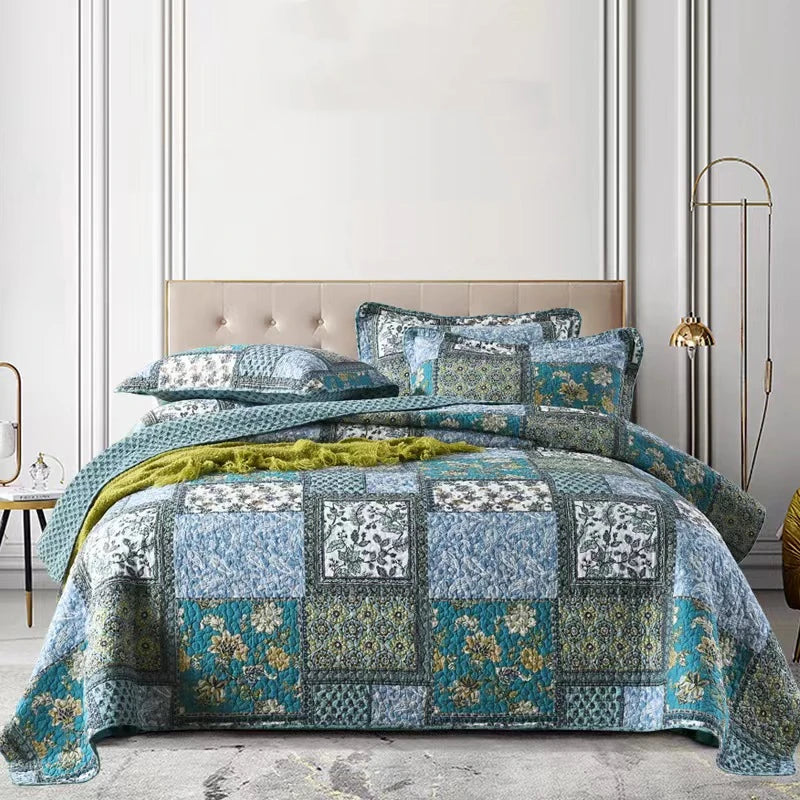 Luxury 500TC Pure Egyptian Cotton Boho Vintage Floral Reversible Bedcover Quilt Set – 3-Piece King & Queen Fit WHIMSICAL HOME OF CREATIONS