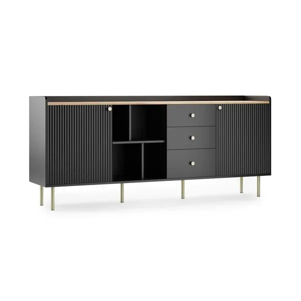 Extra Wide Retro Ribbed Sideboard with Gold Accents – Dark Wood & Luxury Design WHIMSICAL HOME OF CREATIONS