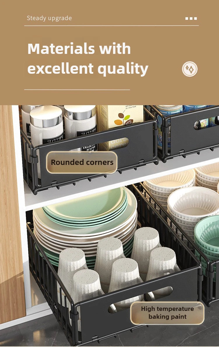 Carbon Steel Pull-Out Folding Cabinet Storage Rack – Double Layer, Heavy-Duty WHIMSICAL HOME OF CREATIONS