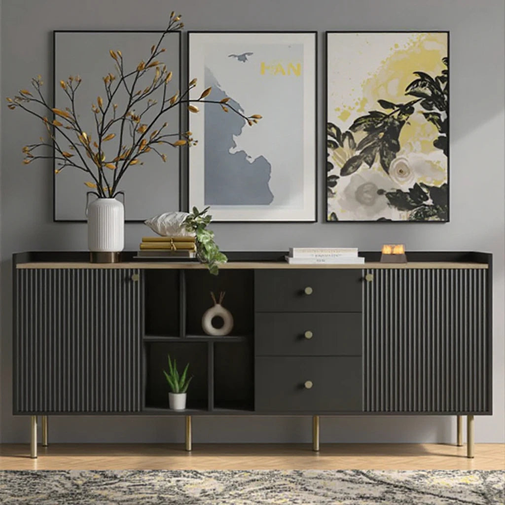 Extra Wide Retro Ribbed Sideboard with Gold Accents – Dark Wood & Luxury Design WHIMSICAL HOME OF CREATIONS