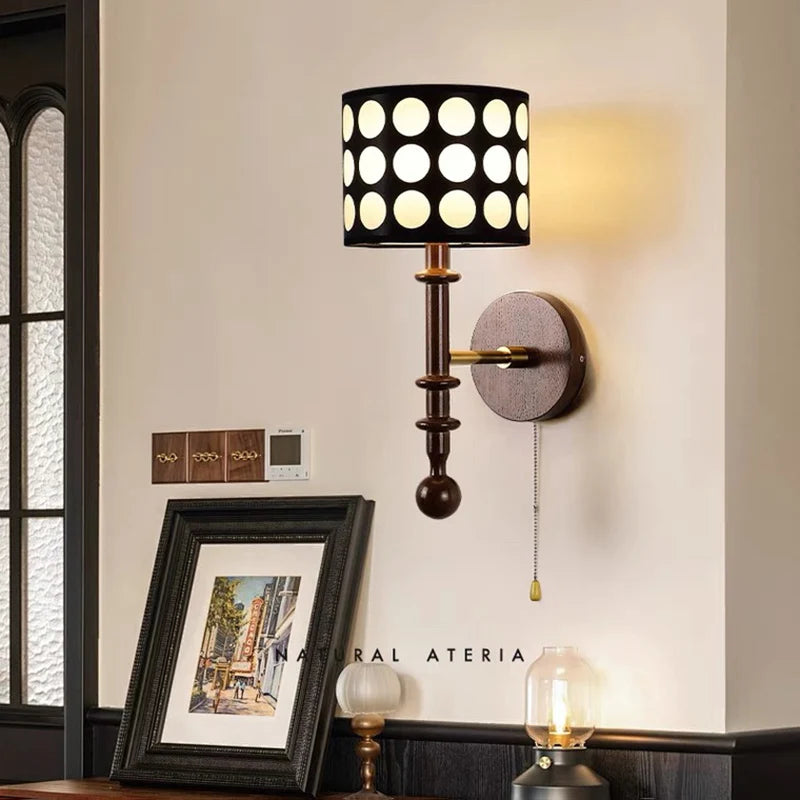 Luxury Mid-Century Art Deco Fabric Wall Sconce – Black & Walnut, LED Lighting WHIMSICAL HOME OF CREATIONS