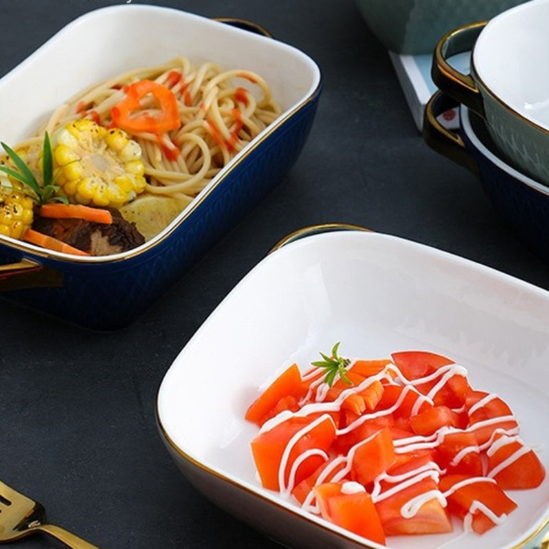 Golden Edge Ceramic Baking Dish – Retro Elegance Meets Everyday Function(non burning handles) WHIMSICAL HOME OF CREATIONS