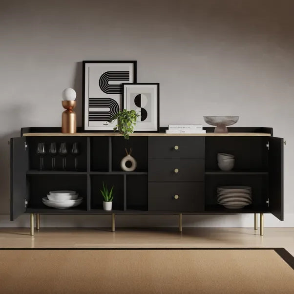 Extra Wide Retro Ribbed Sideboard with Gold Accents – Dark Wood & Luxury Design WHIMSICAL HOME OF CREATIONS