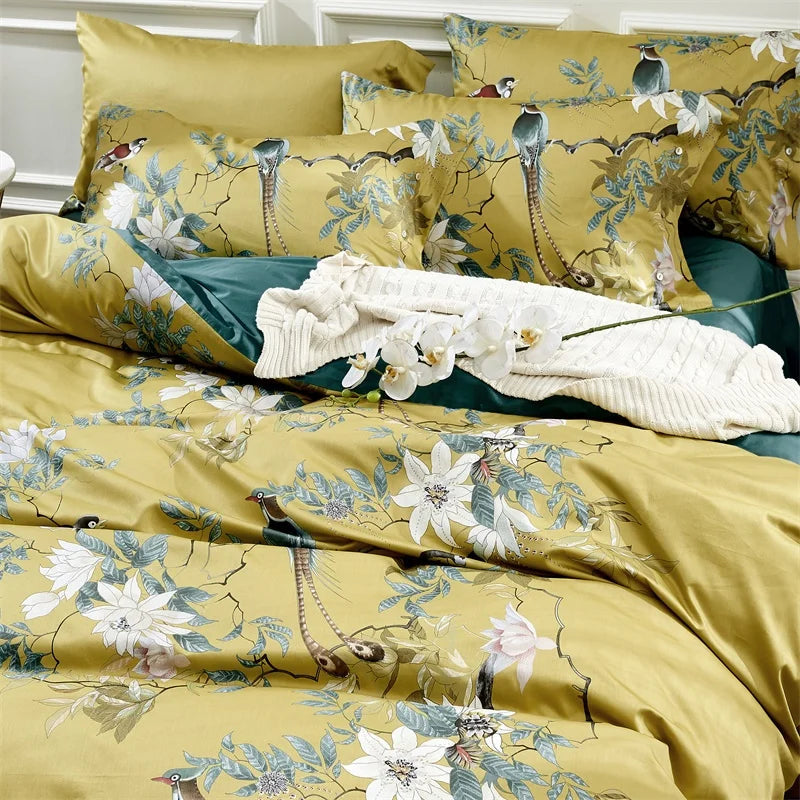 Luxury 600TC Pure Egyptian Cotton Botanical Floral Duvet Cover Set — Vintage Chinoiserie Golden Mustard Yellow (4-Piece Set) WHIMSICAL HOME OF CREATIONS