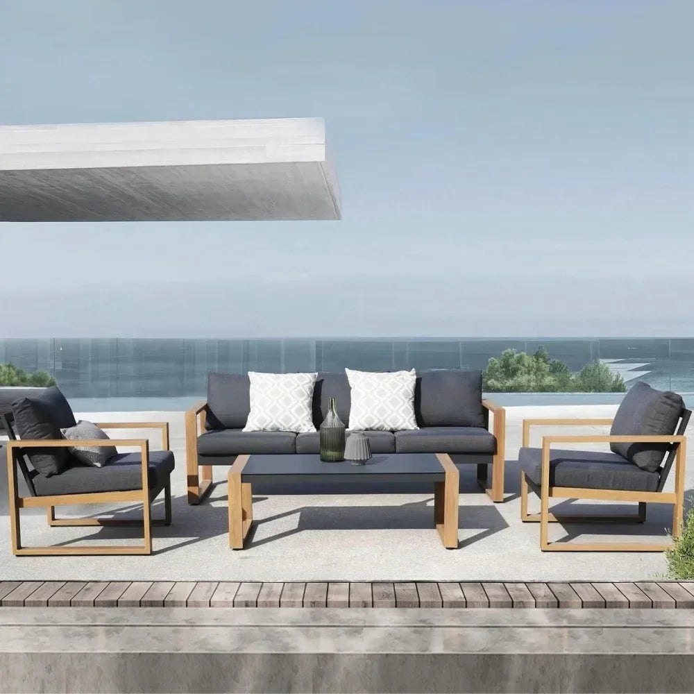 Luxury 4-Piece Aluminium Faux-Wood Outdoor Lounge Set — Modern Californian Minimalist Design WHIMSICAL HOME OF CREATIONS