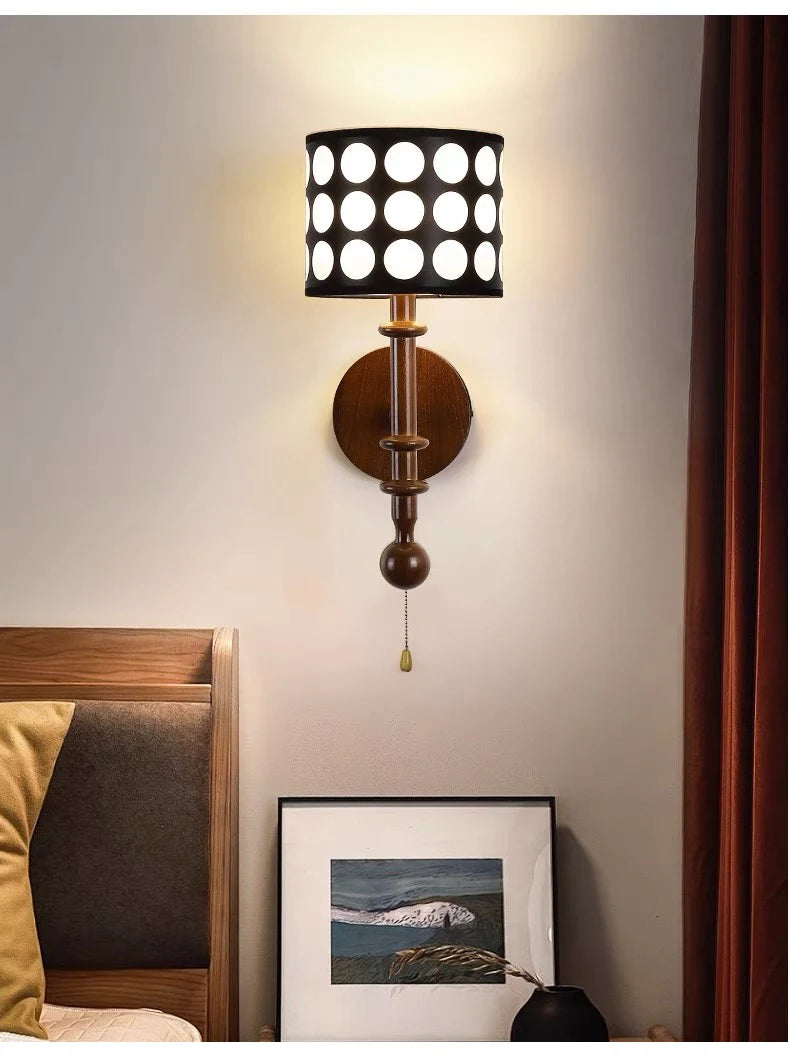 Luxury Mid-Century Art Deco Fabric Wall Sconce – Black & Walnut, LED Lighting WHIMSICAL HOME OF CREATIONS