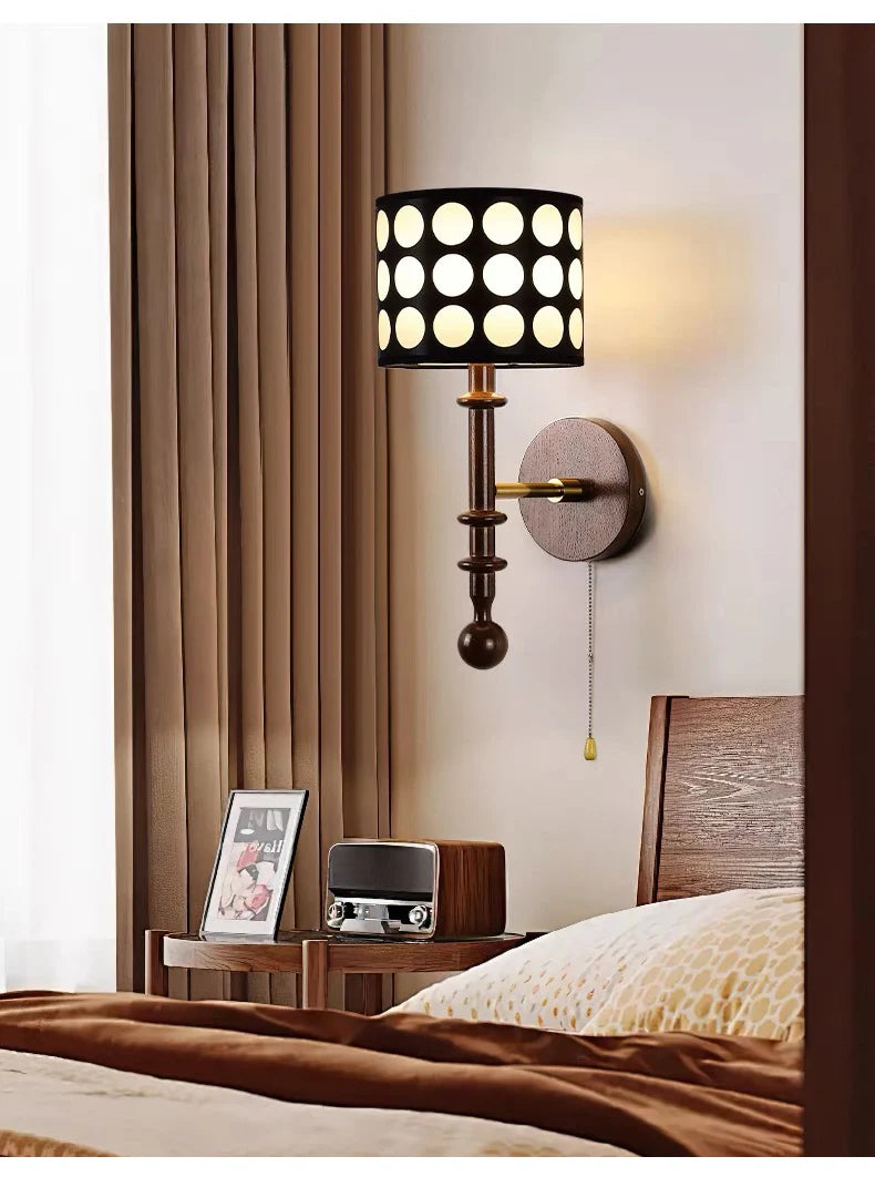 Luxury Mid-Century Art Deco Fabric Wall Sconce – Black & Walnut, LED Lighting WHIMSICAL HOME OF CREATIONS