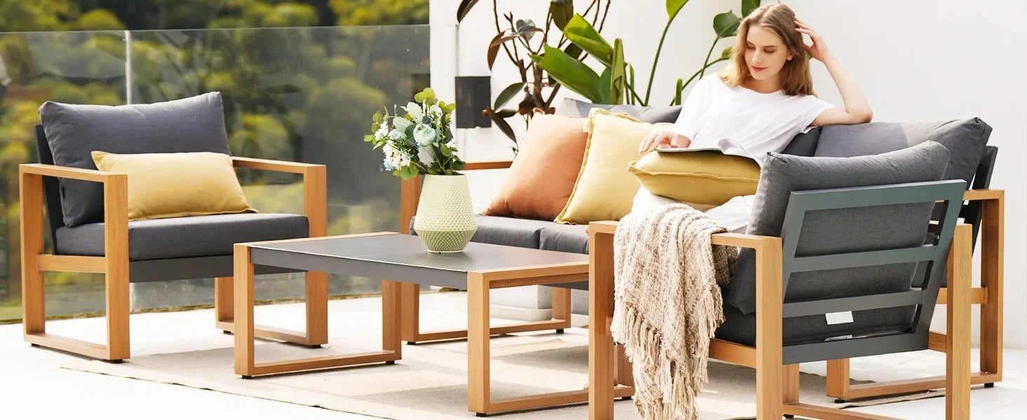 Luxury 4-Piece Aluminium Faux-Wood Outdoor Lounge Set — Modern Californian Minimalist Design WHIMSICAL HOME OF CREATIONS