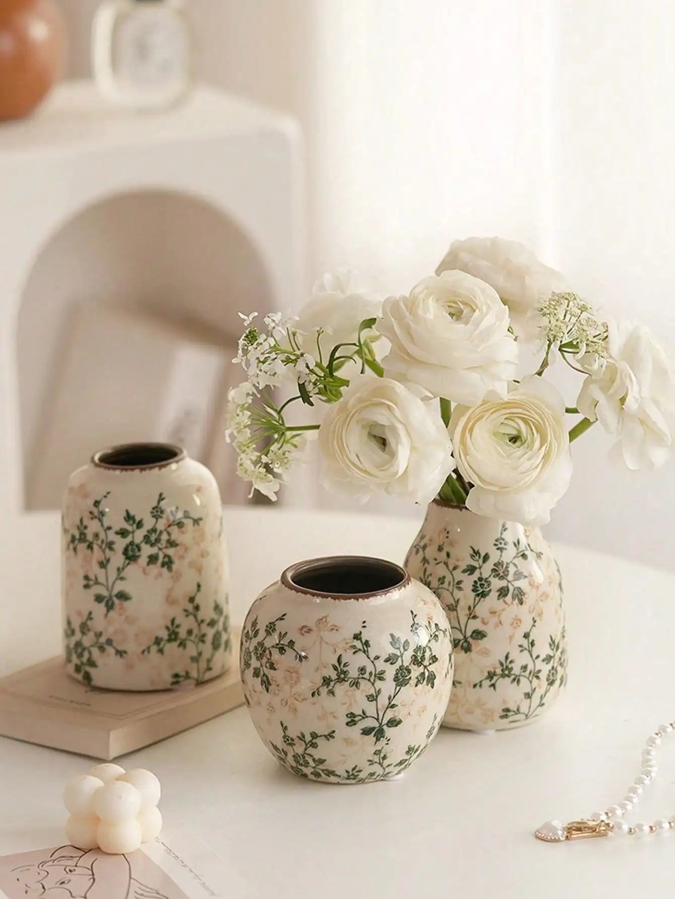Ice Crackle Ceramic Vases – Vintage-Inspired with Green Accents WHIMSICAL HOME OF CREATIONS