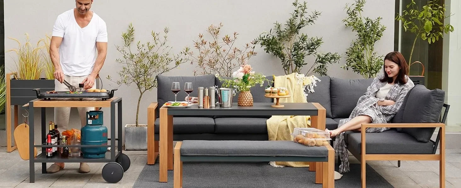 Luxury 4-Piece Aluminium Faux-Wood Outdoor Lounge Set — Modern Californian Minimalist Design WHIMSICAL HOME OF CREATIONS