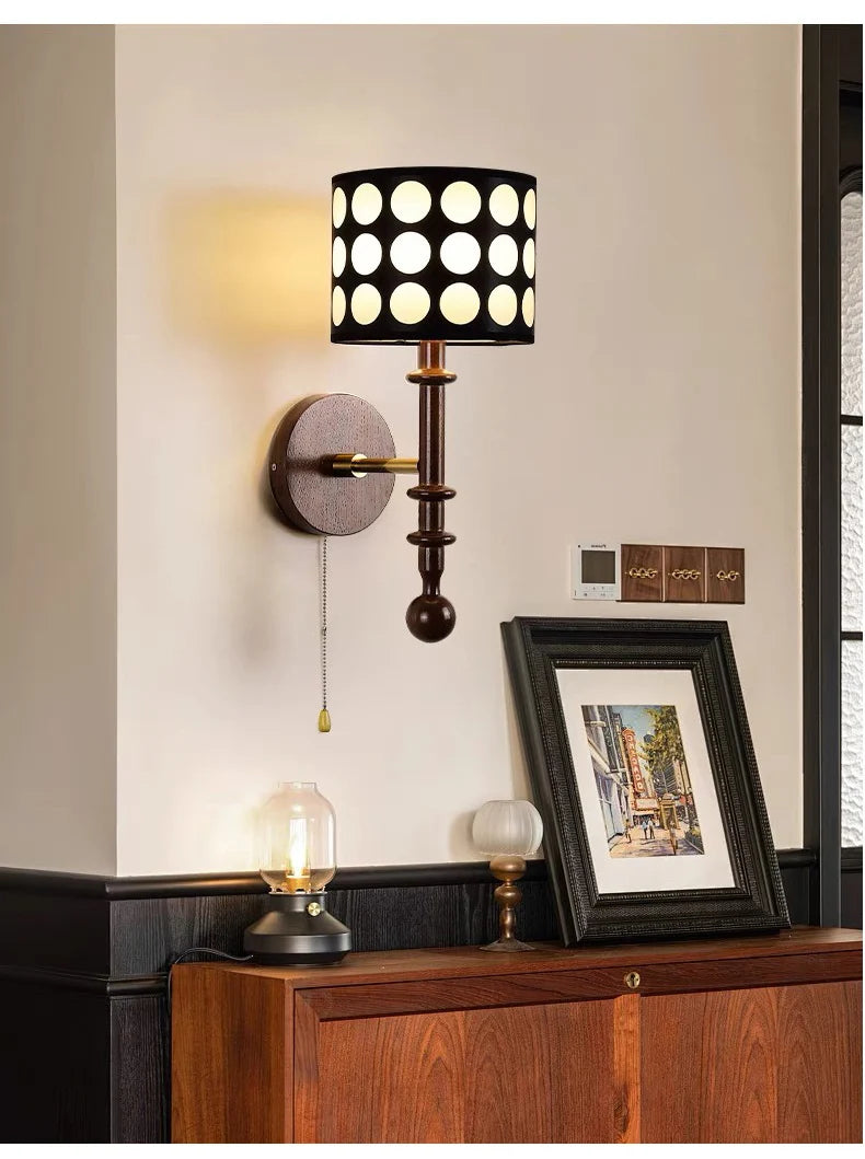 Luxury Mid-Century Art Deco Fabric Wall Sconce – Black & Walnut, LED Lighting WHIMSICAL HOME OF CREATIONS