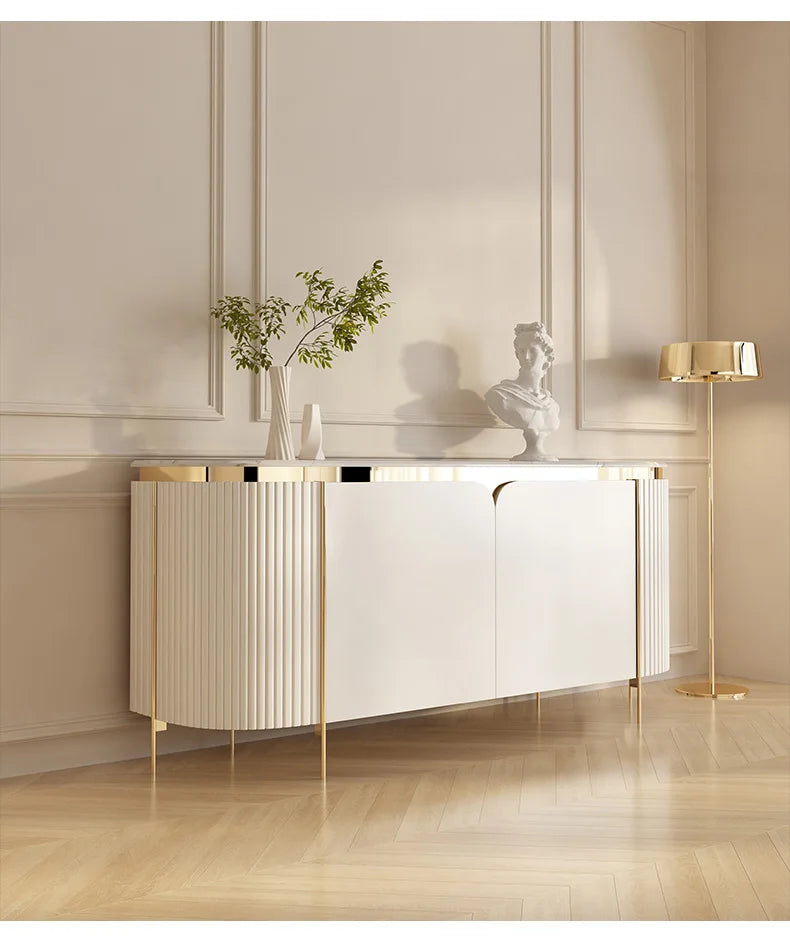 Elegant Marble Sideboard with Gold Trim - Cream Glass Finish WHIMSICAL HOME OF CREATIONS