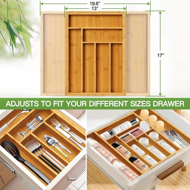 Adjustable Bamboo Drawer Organiser – Expandable 8-Grid Cutlery & Utensil Storage for Kitchen, Office & Home WHIMSICAL HOME OF CREATIONS