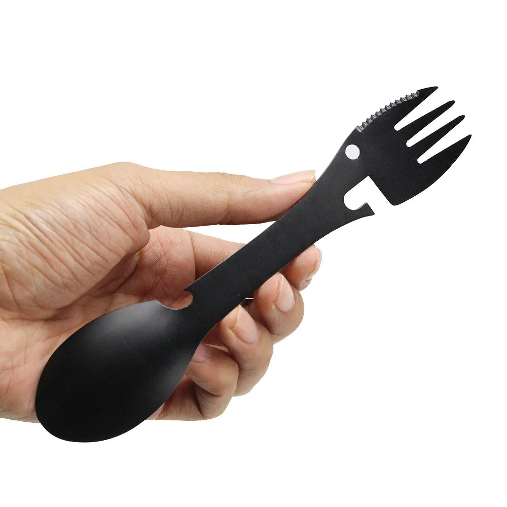 Multi-Function Stainless Steel Camping Spork – Portable Outdoor Cutlery & Tableware Tool with Can and Bottle Opener