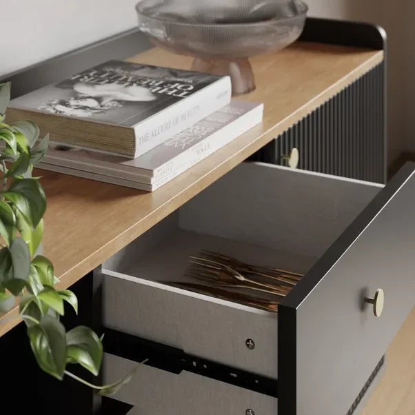 Extra Wide Retro Ribbed Sideboard with Gold Accents – Dark Wood & Luxury Design WHIMSICAL HOME OF CREATIONS