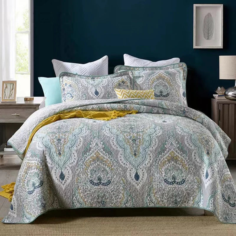 Luxury 500TC Pure Egyptian Cotton Boho Vintage Floral Reversible Bedcover Quilt Set – 3-Piece King & Queen Fit WHIMSICAL HOME OF CREATIONS