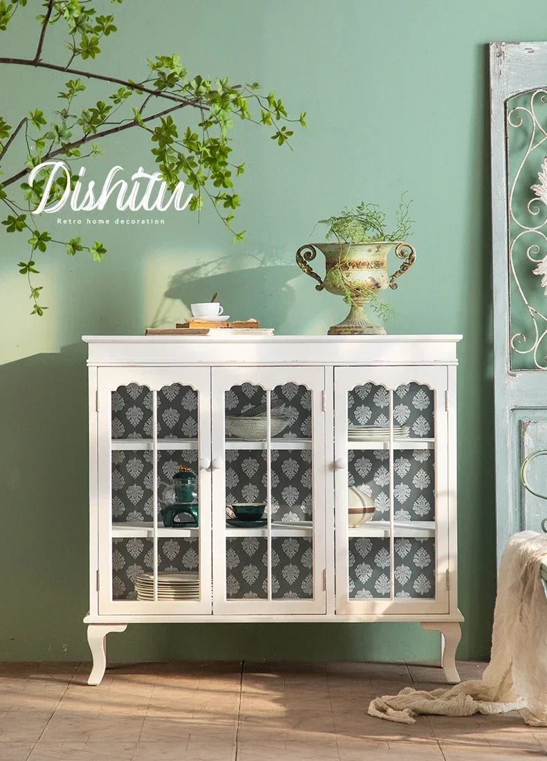French Distressed Glass Cabinet – Rustic Elegance with Luxury Interior Design WHIMSICAL HOME OF CREATIONS