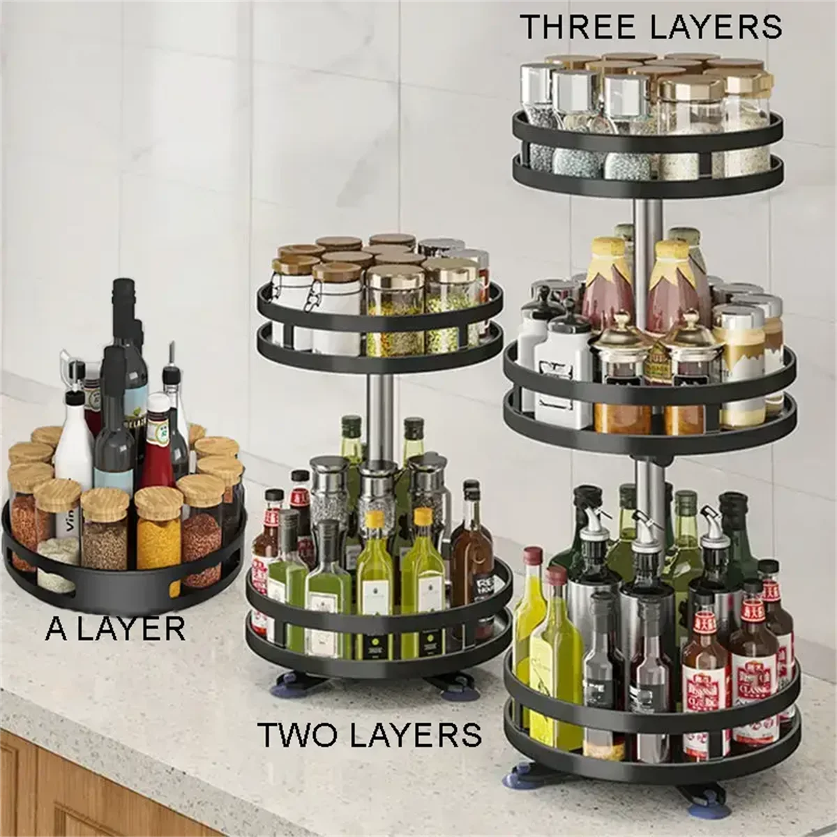 360° Rotating Carbon Steel Spice Rack Organizer – Adjustable Multi-Layer with Suction Cups WHIMSICAL HOME OF CREATIONS