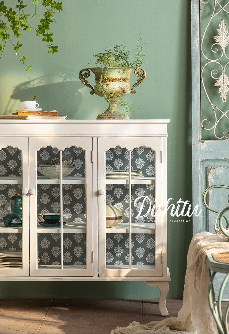 French Distressed Glass Cabinet – Rustic Elegance with Luxury Interior Design WHIMSICAL HOME OF CREATIONS