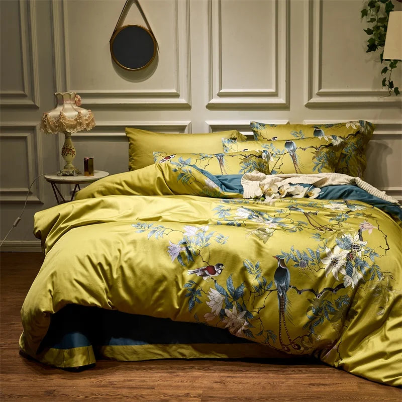 Luxury 600TC Pure Egyptian Cotton Botanical Floral Duvet Cover Set — Vintage Chinoiserie Golden Mustard Yellow (4-Piece Set) WHIMSICAL HOME OF CREATIONS
