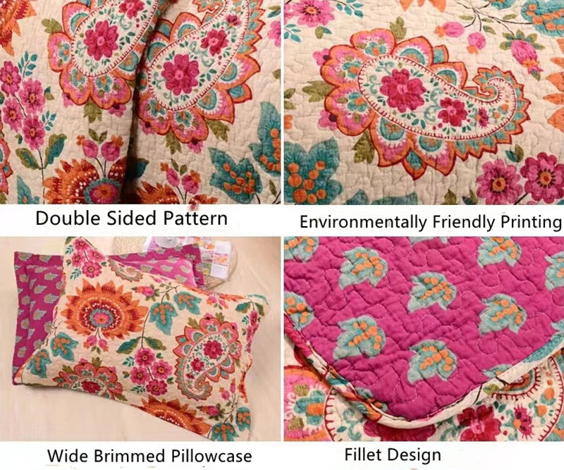 Luxury 500TC Pure Egyptian Cotton Boho Vintage Floral Reversible Bedcover Quilt Set – 3-Piece King & Queen Fit WHIMSICAL HOME OF CREATIONS
