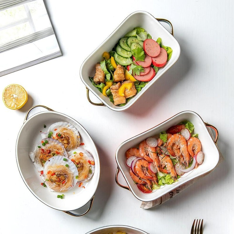 Golden Edge Ceramic Baking Dish – Retro Elegance Meets Everyday Function(non burning handles) WHIMSICAL HOME OF CREATIONS