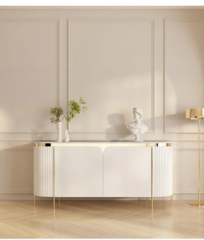 Elegant Marble Sideboard with Gold Trim - Cream Glass Finish WHIMSICAL HOME OF CREATIONS