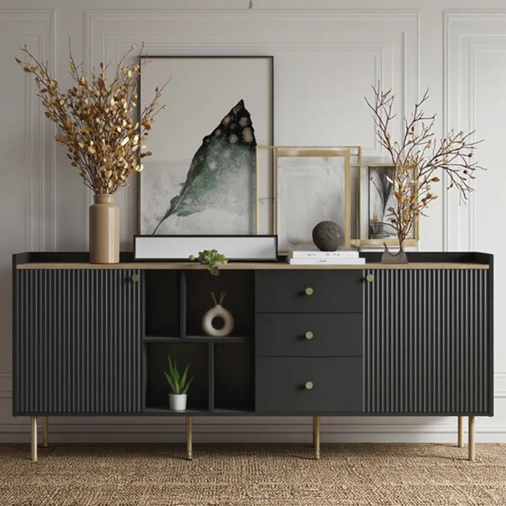 Extra Wide Retro Ribbed Sideboard with Gold Accents – Dark Wood & Luxury Design WHIMSICAL HOME OF CREATIONS
