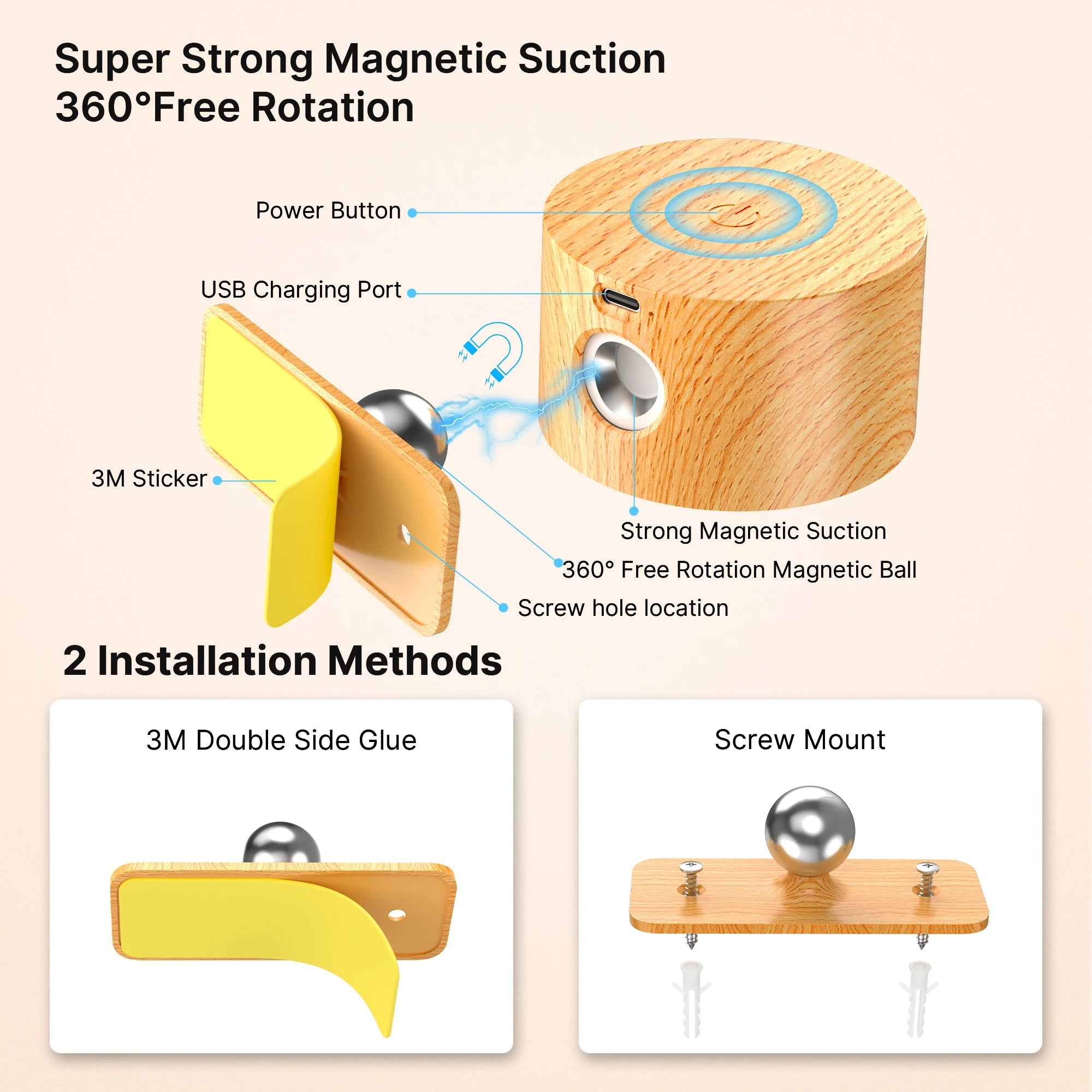 Wooden LED Wall Sconce, 360° Rotatable Dimmable Magnetic Touch Control Rechargeable Battery Operated WHIMSICAL HOME OF CREATIONS
