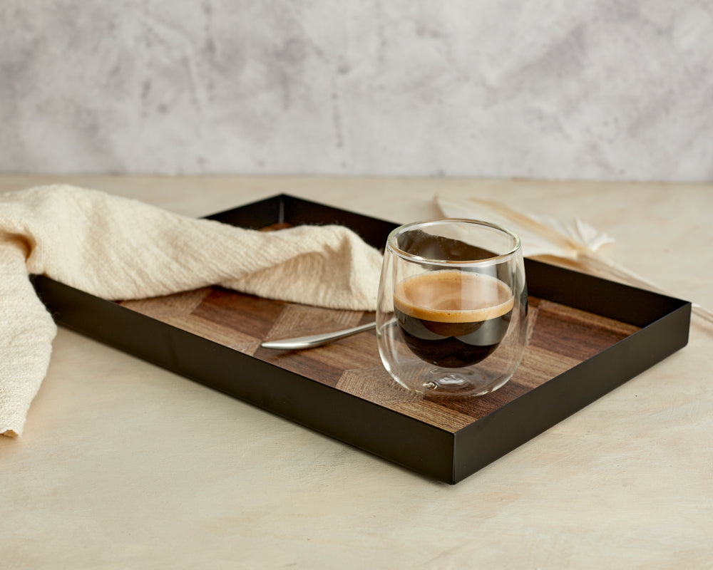 June Rectangle Iron Serving Tray with Wood-Effect Liner – Modern Decorative Metal Tray for Coffee Table or Dining Décor