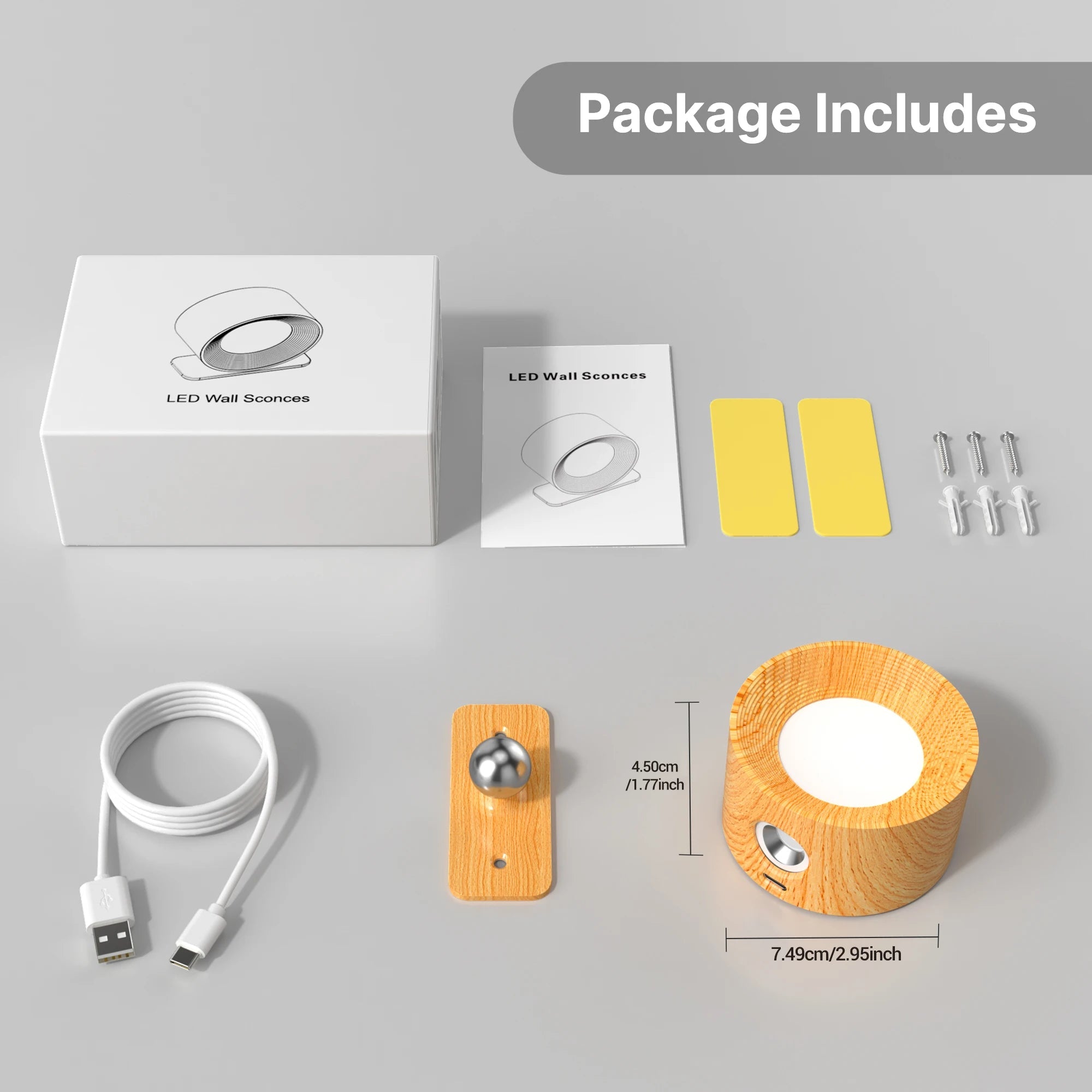 Wooden LED Wall Sconce, 360° Rotatable Dimmable Magnetic Touch Control Rechargeable Battery Operated WHIMSICAL HOME OF CREATIONS