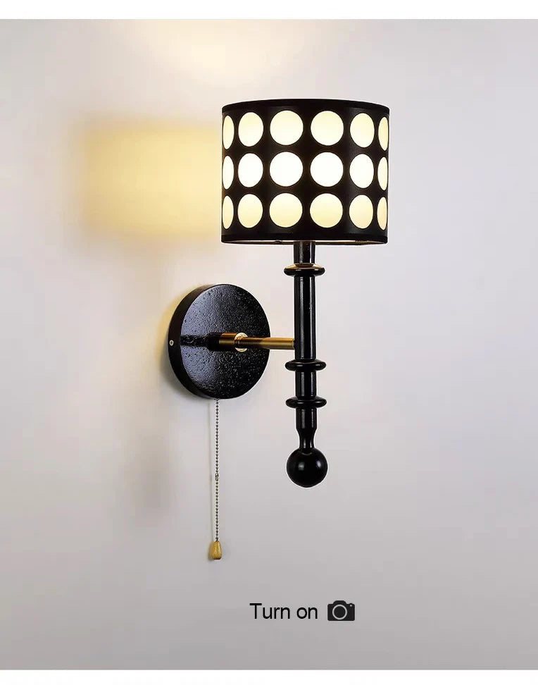 Luxury Mid-Century Art Deco Fabric Wall Sconce – Black & Walnut, LED Lighting WHIMSICAL HOME OF CREATIONS