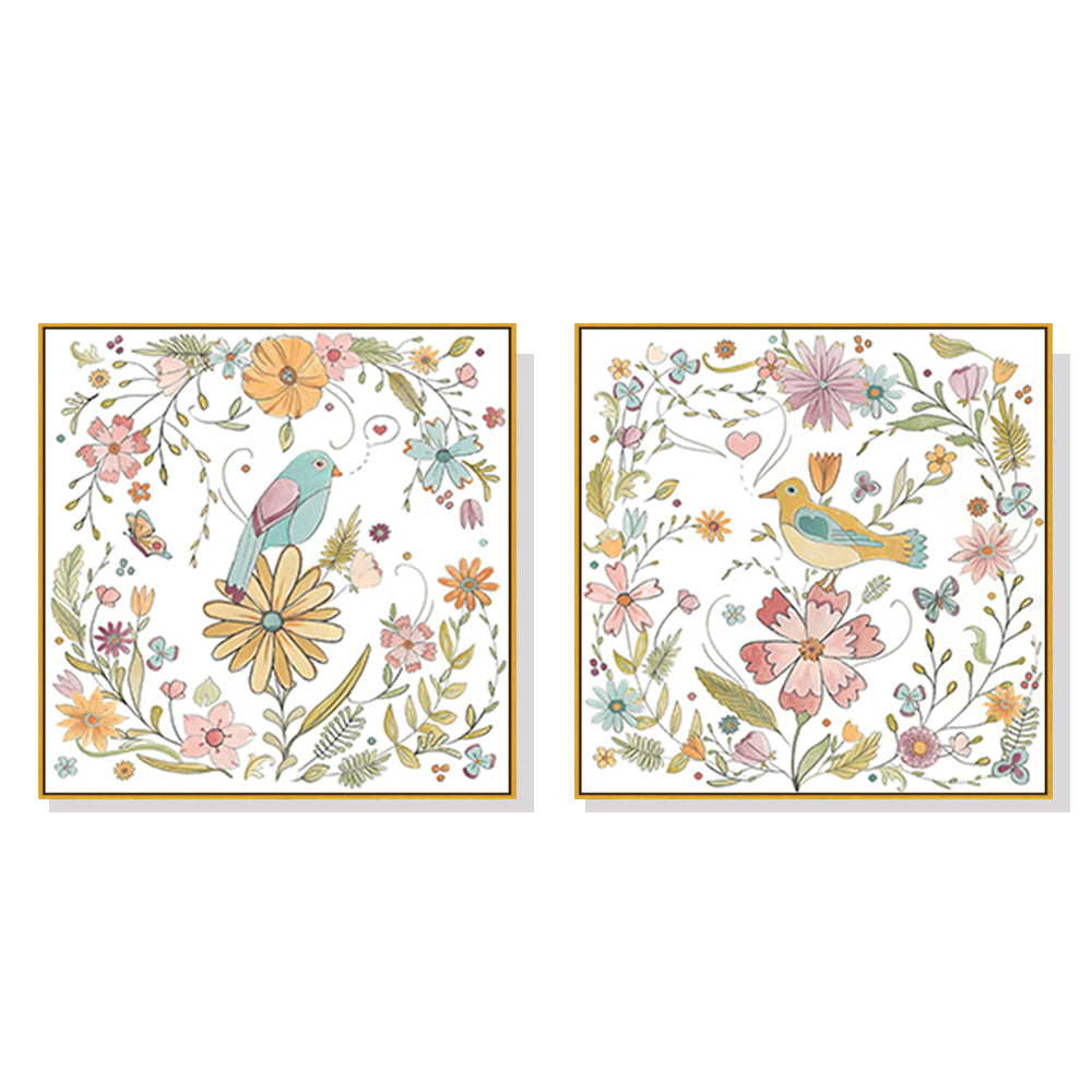 Wall Art 100cmx100cm Floral birds 2 Sets Gold Frame Canvas-0