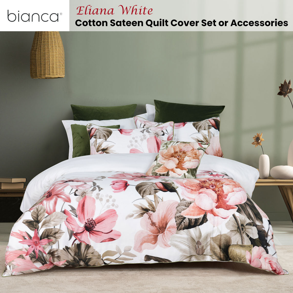 Queen White Floral Cotton Sateen Quilt Cover Set – Premium Designer Bedding, Soft & Elegant