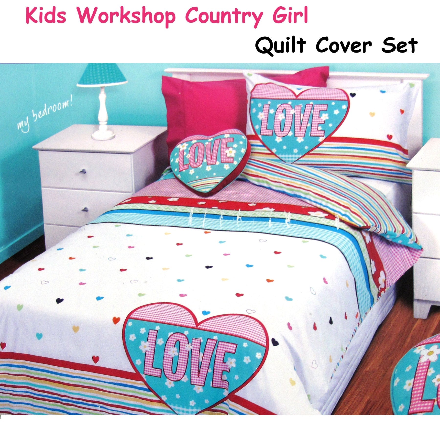 Country Girl Hearts & Stripes Quilt Cover Set Single – Colourful Kids Bedding for Girls