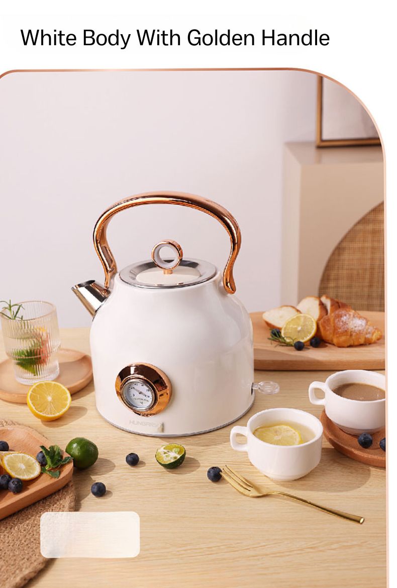 Electric Kettle with Temperature Display 1.7L – Fast Boil, Stainless Steel, Auto Shut-Off, Golden Handle, Modern Kitchen Design