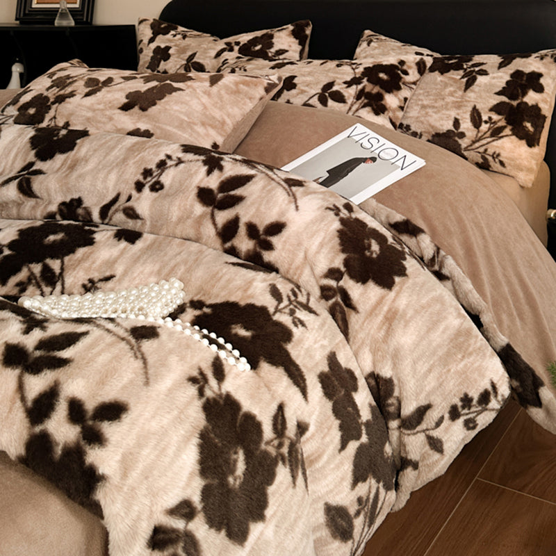 NNEDSZ Khaki Luxury Winter Faux Rabbit Fur Bedding Set - 4-Piece Melange Style Plush Set for 1.8m Beds (200x230cm Duvet Cover)-0