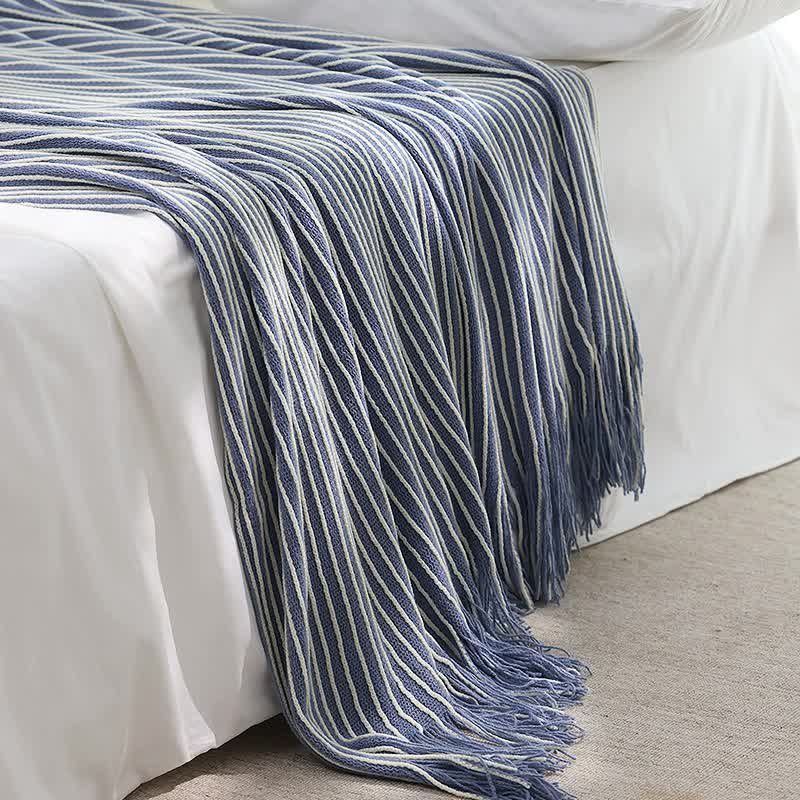 NNEDSZ Blue Cozy Knit Throw Blanket with Fringe - Stylish Striped  Bed End Cover, 127x220CM-0