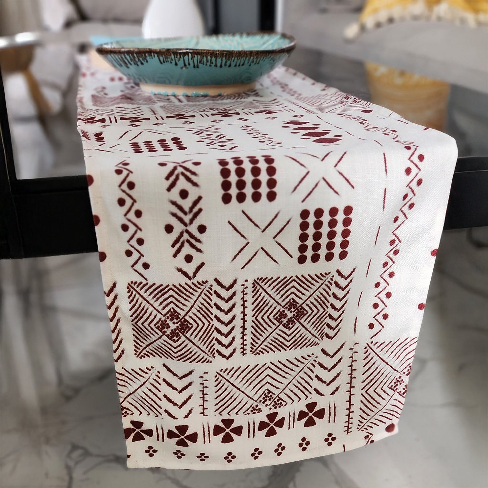 Maroon Tribal Linen Table Runner – Bohemian Global Style for Your Table
