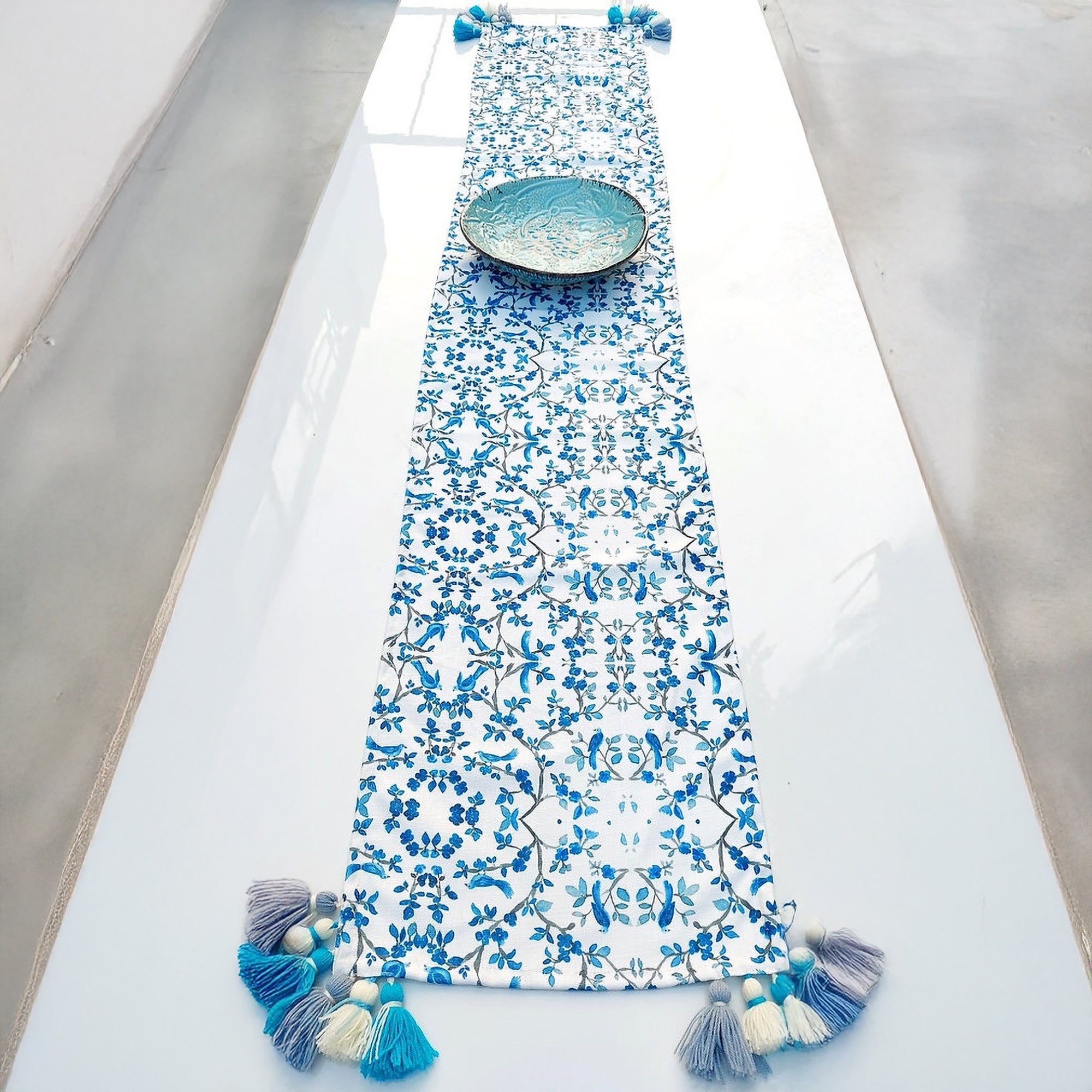 Blue Chinoiserie Linen Table Runner – Timeless Elegance for Your Table
