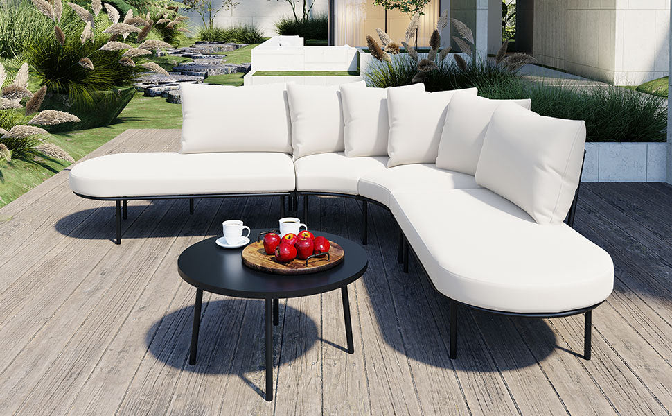 Patio Half- Moon Curved Outdoor Furniture Sofa Set with Coffee Table, Sangria Beech