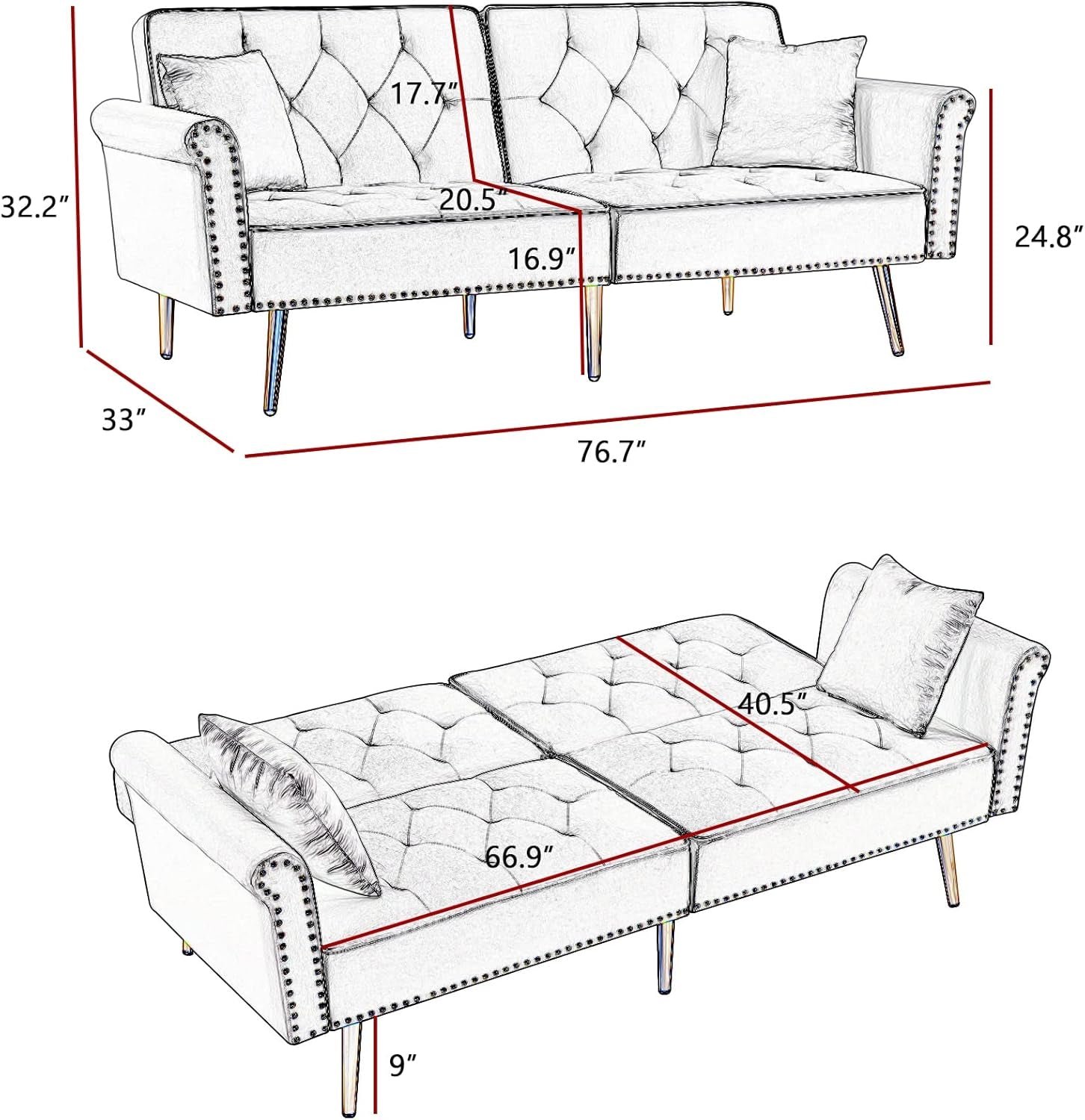 Luxury Velvet Convertible Sofa Bed Sleeper – Couch with Nailhead Trim Peach Maple